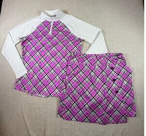 Belyn Key Women M Pink White Plaid Golf Skort Long Sleeve Top Athletic Set
